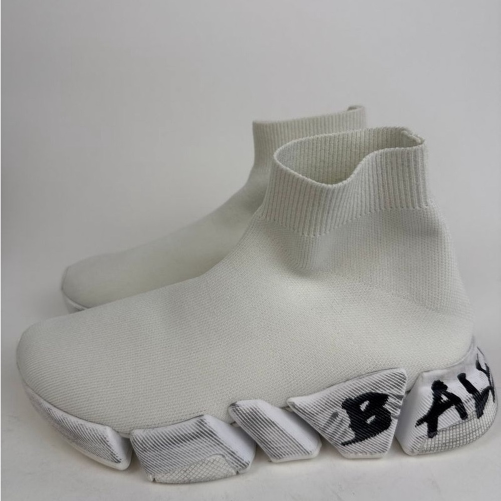 Balenciaga Speed Trainer Graffiti Knit Sneakers White Size 5 with Box & Dust Bag